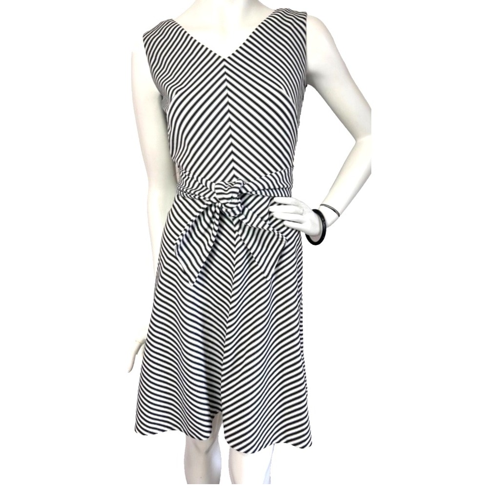 Vtg 70s Sears Fashions Black White Stripe Chevron Dress Tie Front Mod Sz XS 4